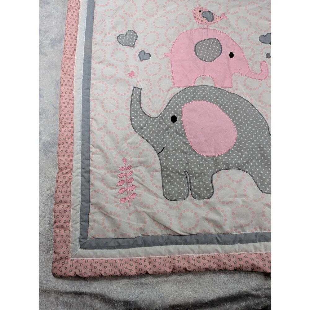 Optima Baby Quilt Poly cotton  35 X 43 Elephants Hearts Birds Blanket Pink gray